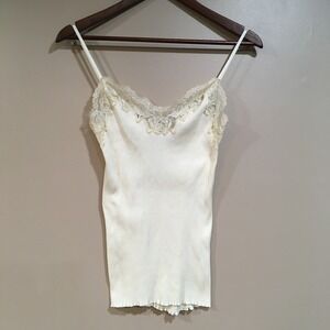 Y2K Vtg Banana Republic Lace Trim Ribbed Camisole Tank Womens L Cream Romantic